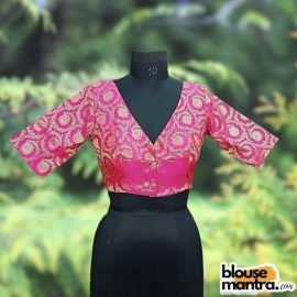 Pink Brocade | Front V Neck | Back Boat Neck Glass Sleeve