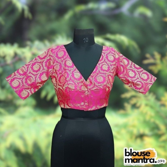 Pink Brocade | Front V Neck | Back Boat Neck Glass Sleeve