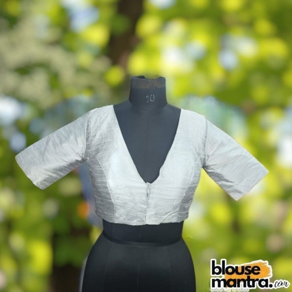  Silver Raw Silk | Front V Neck | Back Boat Neck Glass Sleeve