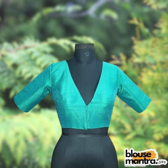 Sea Green Raw Silk | Front V Neck | Back Boat Neck Glass Sleeve