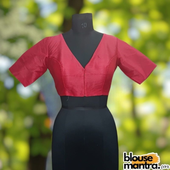 Red Raw Silk | Front V Neck | Back Boat Neck Glass Sleeve