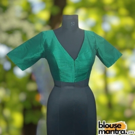 Bottle Green Raw Silk | Front V Neck | Back Boat Neck Glass Sleeve