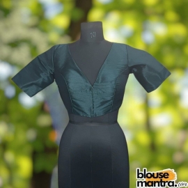 Blackish Green Raw Silk | Front V Neck | Back Boat Neck Glass