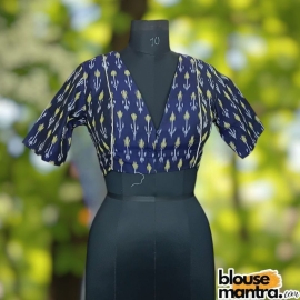 Navy Blue Silk Ikkat | Front V Neck | Back Boat Neck | white Piping Glass Sleeve