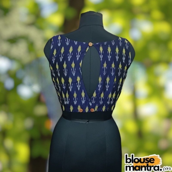 Navy Blue Ikkat | Front Boat Neck | Back Oval Cut with overlap pattern Sleeveless