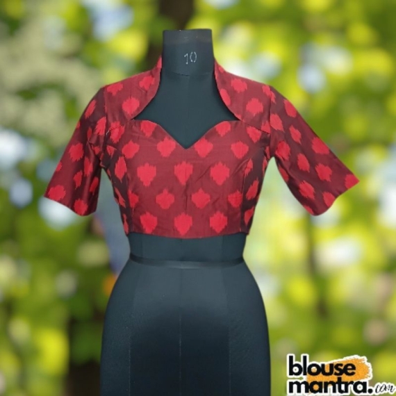 Maroon Silk Ikkat | Back wavy with Deep Cut | Front Sweetheart Neck Glass Sleeve