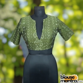 Mehendi Green Silk Ikkat | Front Small V Cut | Back Boat Neck Glass Sleeve