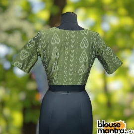 Mehendi Green Silk Ikkat | Front Small V Cut | Back Boat Neck Glass Sleeve