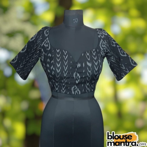 Black Silk Ikkat | Front Dome Neck | Back Oval cut Glass Sleeve