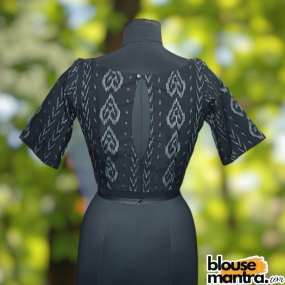 Black Silk Ikkat | Front Dome Neck | Back Oval cut Glass Sleeve