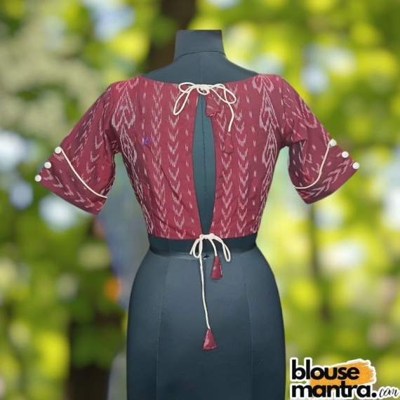 Wine Silk Ikkat | Front Round neck | Back Oval cut With Latkan Glass Sleeve