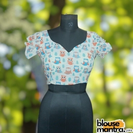  White Cotton Owl Print | Blue & Orange | Front Dome Neck | Back Square Neck | Frill Sleeves Maggie Sleeve