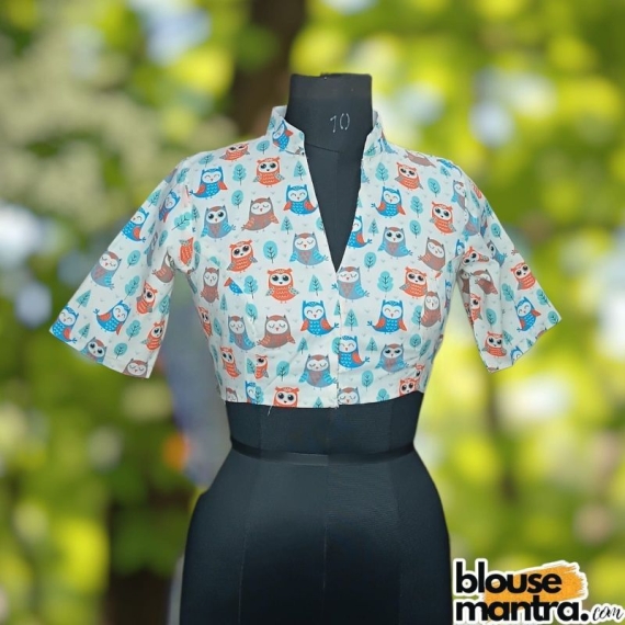 White Cotton Owl Print | Blue & Orange |Highneck Glass Sleeve