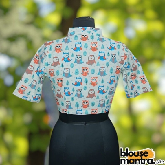 White Cotton Owl Print | Blue & Orange |Highneck Glass Sleeve