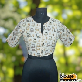 White Cotton Owl Print |Grey & Beige | Front Small V Cut | Back boat Neck Glass Sleeve
