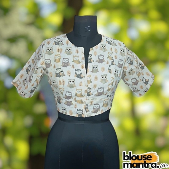 White Cotton Owl Print |Grey & Beige | Front Small V Cut | Back boat Neck Glass Sleeve