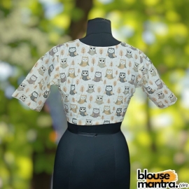 White Cotton Owl Print |Grey & Beige | Front Small V Cut | Back boat Neck Glass Sleeve