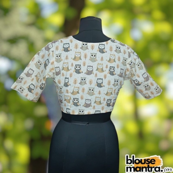 White Cotton Owl Print |Grey & Beige | Front Small V Cut | Back boat Neck Glass Sleeve