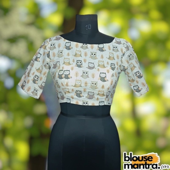 White Cotton Owl Print |Grey & Beige |Front Boat Neck | Back Oval Cut with Show Button Glass Sleeve