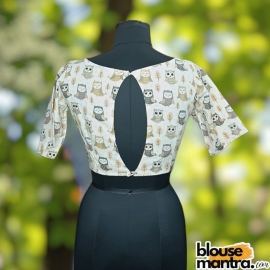 White Cotton Owl Print |Grey & Beige |Front Boat Neck | Back Oval Cut with Show Button Glass Sleeve