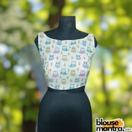 White Cotton Owl Print |Baby Pink & Sky | Front Boat Neck | Back Square Neck Sleeveless