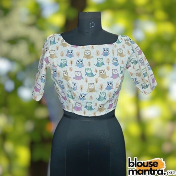 White Cotton Owl Print |Baby Pink & Sky | Boat Neck on Both Side Glass Sleeve