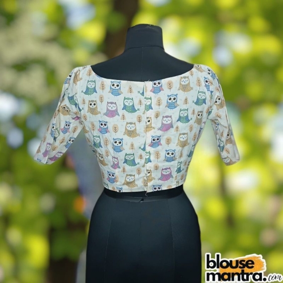 White Cotton Owl Print |Baby Pink & Sky | Boat Neck on Both Side Glass Sleeve