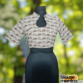 White Ajrakh | Car Print | HighNeck with Circle cut on Front Glass Sleeve