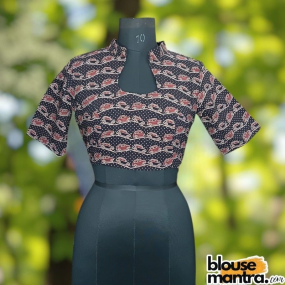 Black Ajrakh | Car Print | HighNeck with Circle cut on Front Glass Sleeve