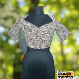 White Ajrakh | Black Coller On front | Back Boat Neck Glass Sleeve