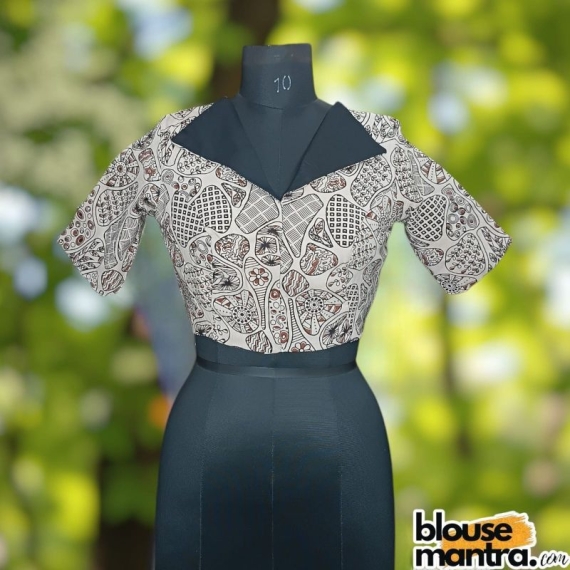 White Ajrakh | Black Coller On front | Back Boat Neck Glass Sleeve