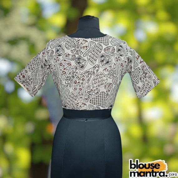 White Ajrakh | Black Coller On front | Back Boat Neck Glass Sleeve