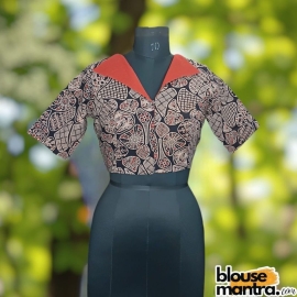 Black Ajrakh | Rust Coller On front | Back Boat Neck Glass Sleeve