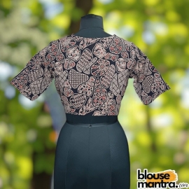 Black Ajrakh | Rust Coller On front | Back Boat Neck Glass Sleeve