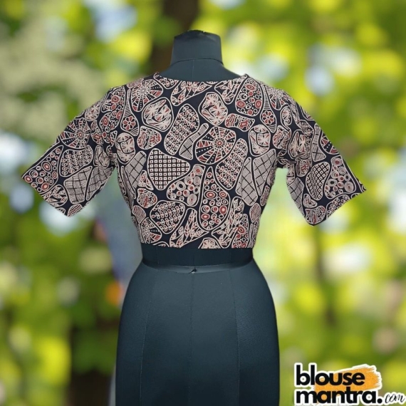 Black Ajrakh | Rust Coller On front | Back Boat Neck Glass Sleeve