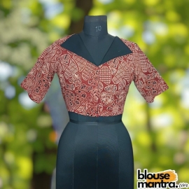 Rust Ajrakh | Black Coller On front | Back Boat Neck Glass Sleeve