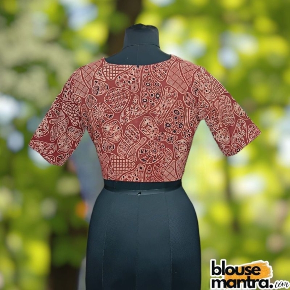 Rust Ajrakh | Black Coller On front | Back Boat Neck Glass Sleeve