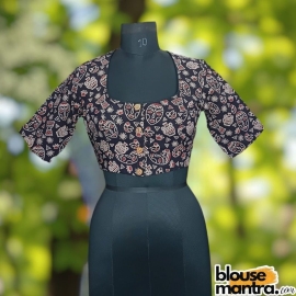 Black Ajrakh | Round Neck With Wooden Button Glass Sleeve