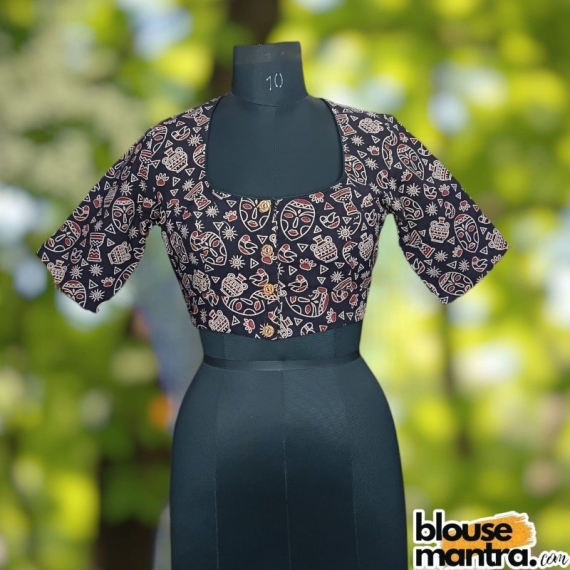 Black Ajrakh | Round Neck With Wooden Button Glass Sleeve
