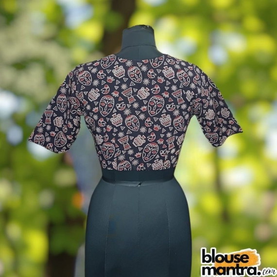 Black Ajrakh | Round Neck With Wooden Button Glass Sleeve