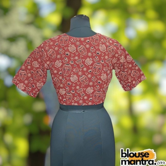  Rust Ajrakh | Round Neck With Wooden Button Glass Sleeve