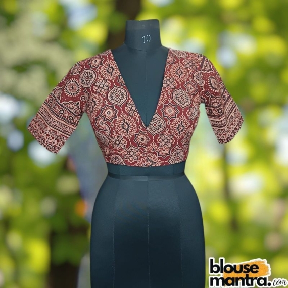 Rust Ajrakh | Paar design |Ethnic Print | Frontv V Neck | Back Boat Neck Glass Sleeve