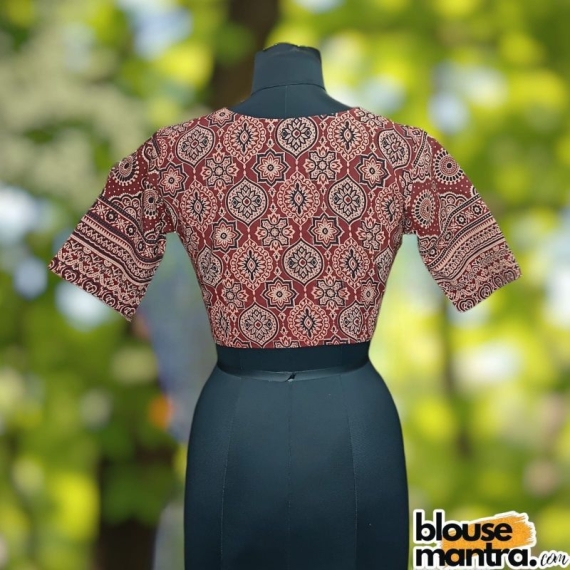 Rust Ajrakh | Paar design |Ethnic Print | Frontv V Neck | Back Boat Neck Glass Sleeve