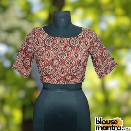  Rust Ajrakh | Paar Design | Ethnic Print | | Front Round Neck | Back Oval Cut with Latkan Glass Sleeve