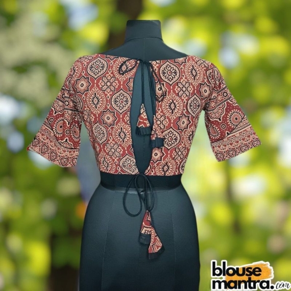  Rust Ajrakh | Paar Design | Ethnic Print | | Front Round Neck | Back Oval Cut with Latkan Glass Sleeve