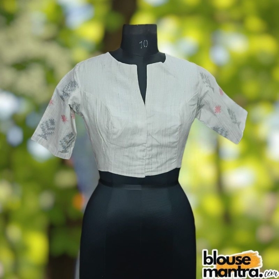 Off white Khadi Jamdani | Black & Red Weaving |Front V Neck | Back Boat Neck Glass Sleeve