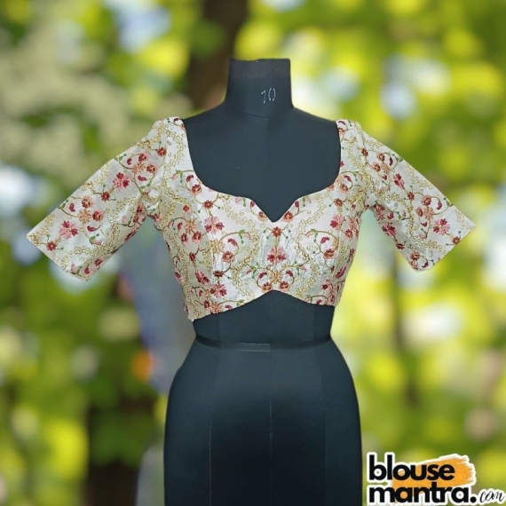 Off White Raw Silk |Ari Embroidery |Front Dome Neck | Back Deep cut with patti Glass Sleeve