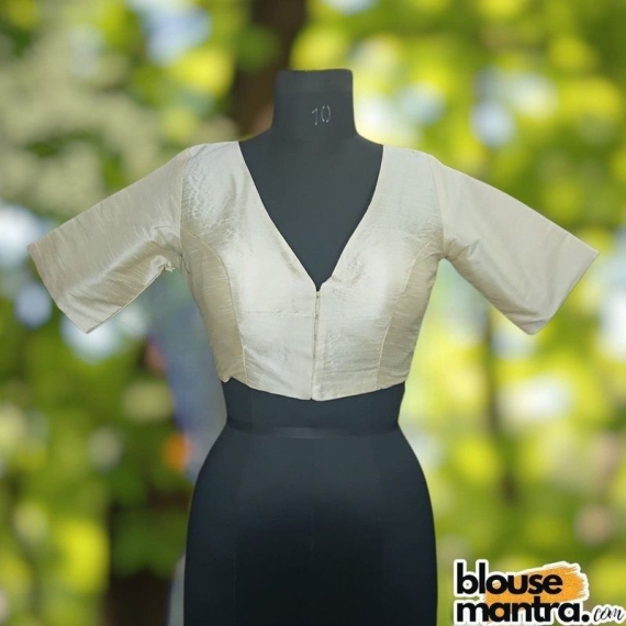  Cream Raw Silk | Front V Neck | Back Boat Neck Glass Sleeve