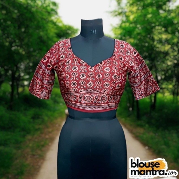  Deep Rust Modal Ajrakh | Front Sabyasachi Neckline | Back Round Cut With Latkan Glass Sleeve