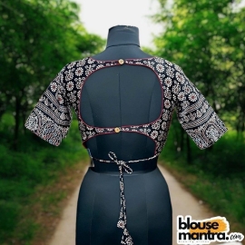  Black Modal Ajrakh | Front Sabyasachi Neckline | Back Round Cut With Latkan Glass Sleeve